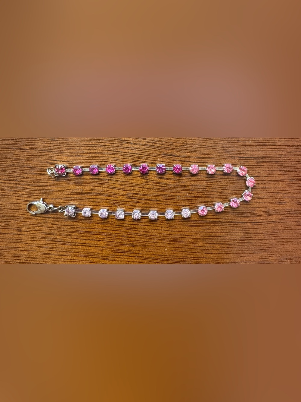 Pink Ombré Rhinestone Tennis Bracelet Gold Tone 7.5”
